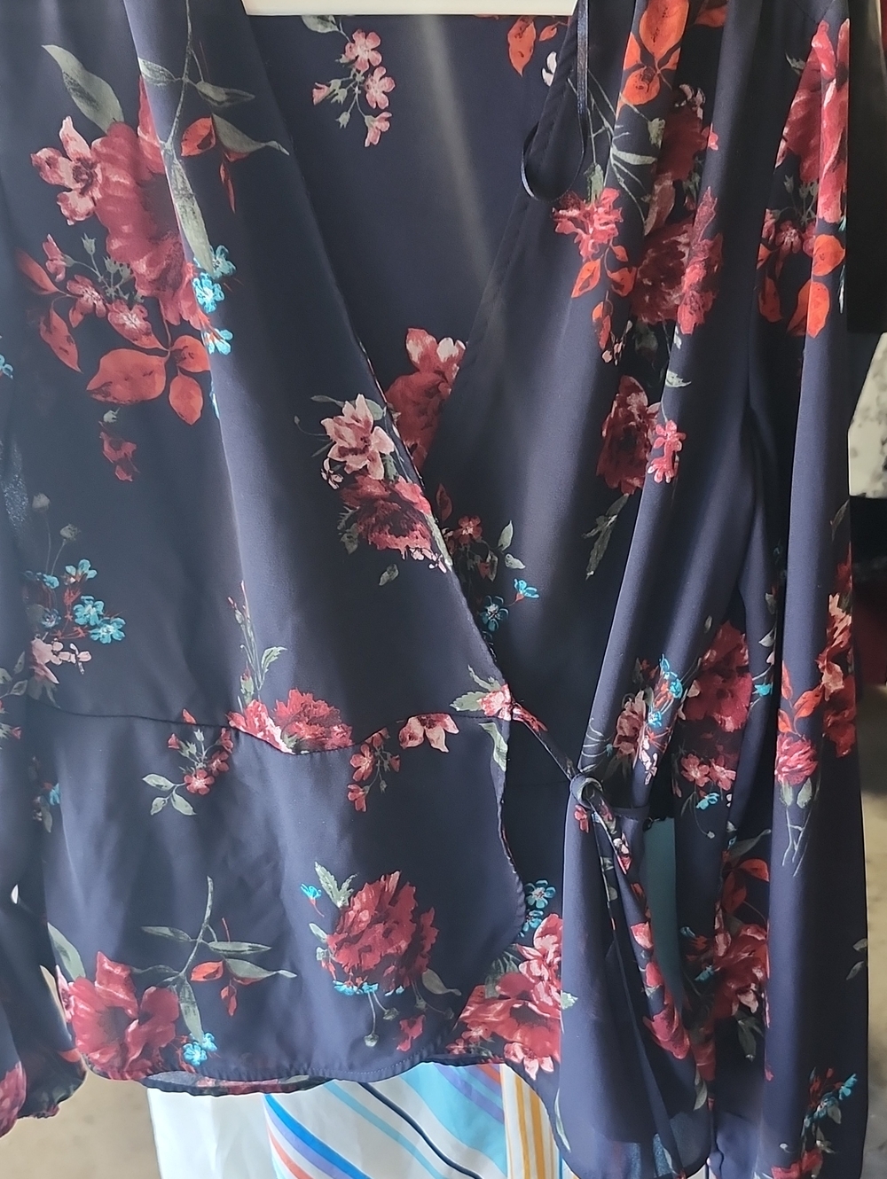 Floral Navy Wrap Blouse with Tie Detail